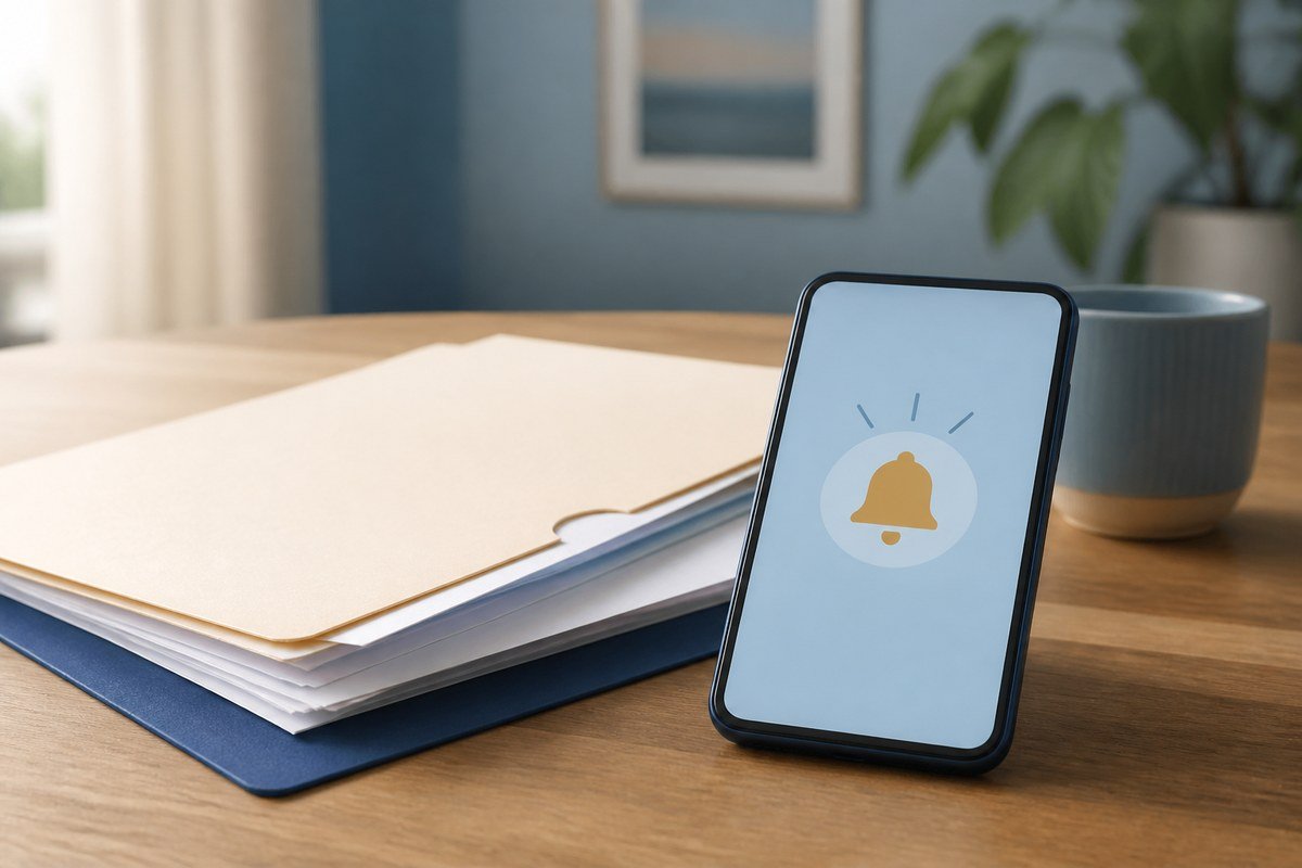 Celular com alerta neutro ao lado de documentos genéricos para conferência