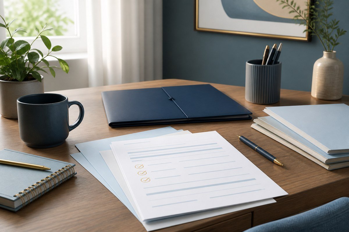 Mesa organizada com documentos genéricos e checklist para um primeiro pedido
