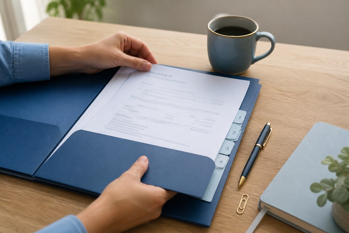 Mãos organizando documentos genéricos de um recurso administrativo